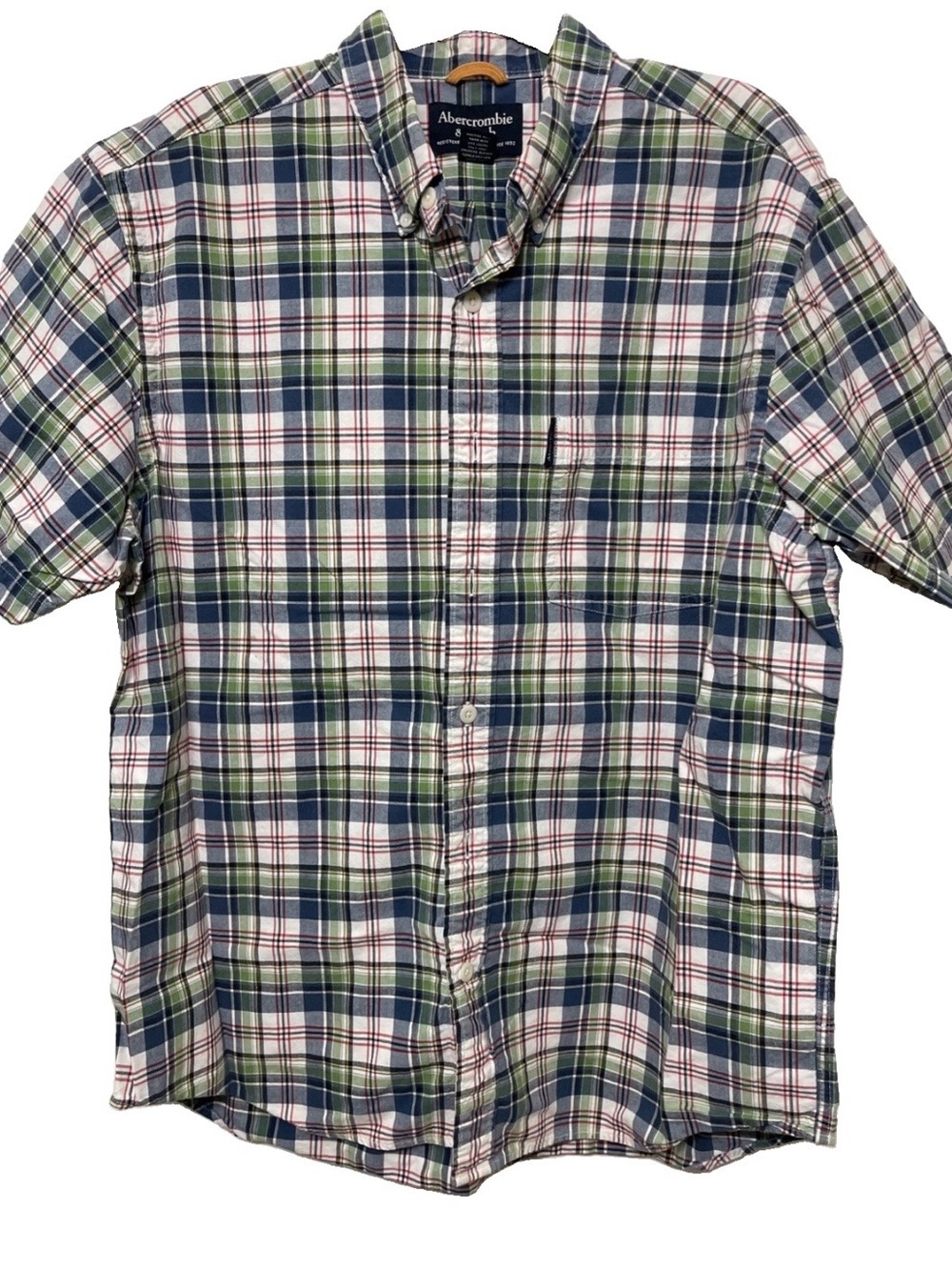 Abercrombie & Fitch Blue and Green Plaid Short-Sleeve Button-Down Shirt